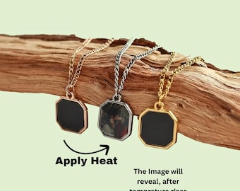 Customized Square Heat Activated Necklace • Temperature Reveal Pendant Jewelry, Personalized Photo Locket for Him Her, Gift for GirlFriend