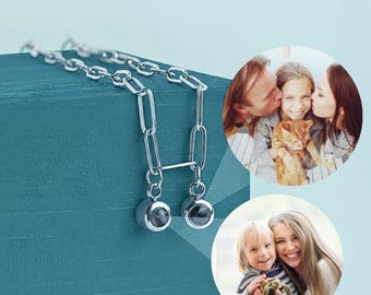 Personalized Double Bead Paperclip Photo Projection Necklace, Custom Picture Pendant Jewelry Gift for Him Her, Memorial Keepsake Remembrance