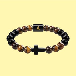 Pulsera con letras en inglés, pulsera con cuentas de piedra de ojo de tigre en forma de cruz, pulsera con alfabeto, regalo para novio, regalo de Navidad para marido para él
