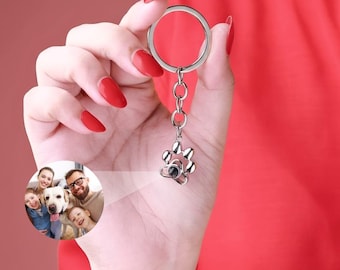 Personalized Paw Print Projection Photo Keychain, Dog Picture Necklace, Pet Photo Keyring, Custom Pet Loss Memorial Christmas Gift For Mama