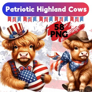 Watercolor Patriotic Highland Cows Collection Clipart, 4th Of July, American Cow PNG, Baby Cow Clipart, Highland Cows Independence Day
