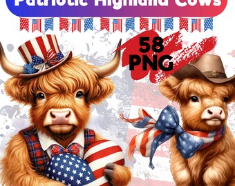 Watercolor Patriotic Highland Cow Clipart, 4th of July PNG (58 Files)