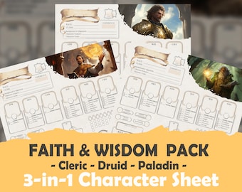 DnD 5e Faith & Wisdom Pack Character Sheet (Cleric, Druid, Paladin):  High Quality Fillable PDF for 5th Edition Dungeons and Dragons