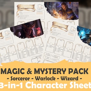 D&D 5e Magic and Mystery Pack Character Sheet (Sorceror, Warlock, Wizard):  High Quality Fillable PDF for 5th Edition Dungeons and Dragons