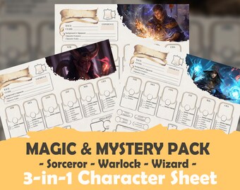 Scheda personaggio DnD 5e Magic & Mystery Pack (stregone, stregone, mago): PDF compilabile di alta qualità per Dungeons and Dragons della 5a edizione