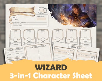 DnD 5e Wizard Character Sheet:  High Quality Fillable PDF for 5th edition Dungeons and Dragons + Supplement for Inventory & Spells