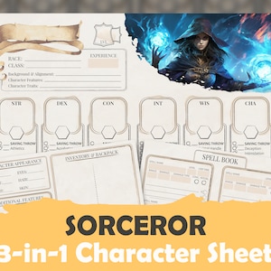 D&D 5e Sorceror Character Sheet | High Quality Fillable PDF | Supplement for Inventory and Spells | 5E Compatible