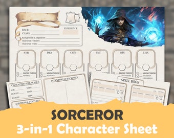 DnD 5e Sorceror Character Sheet:  High Quality Fillable PDF for 5th edition Dungeons and Dragons + Supplement for Inventory & Spells