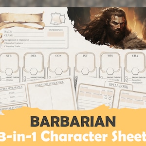 D&D 5e Barbarian Character Sheet | High Quality Fillable PDF | Supplement for Inventory and Spells | 5E Compatible