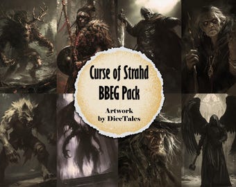 May include: A digital artwork collection featuring fantasy creatures and characters. The image includes a werewolf, a horned beast, a cloaked figure with wings, and other ominous figures. The central text reads "Curse of Strahd BBEG Pack" with "Artwork by DiceTales".