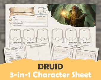 DnD 5e Druid Character Sheet:  High Quality Fillable PDF for 5th edition Dungeons and Dragons + Supplement for Inventory & Spells