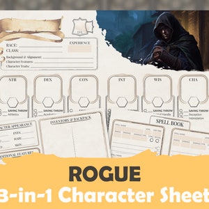 May include: A printable Dungeons & Dragons character sheet for a Rogue class character. The sheet includes sections for race, class, background, character features, character traits, ability scores, saving throws, skills, inventory, and a spell book.