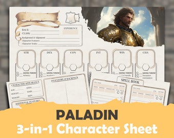 DnD 5e Paladin Character Sheet:  High Quality Fillable PDF for 5th edition Dungeons and Dragons + Supplement for Inventory & Spells