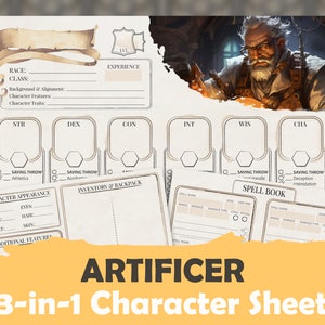 DnD 5e Artificer Character Sheet: High Quality Fillable PDF for 5th edition Dungeons and Dragons Supplement for Inventory & Spells image 1