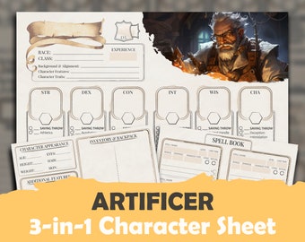 DnD 5e Artificer Character Sheet:  High Quality Fillable PDF for 5th edition Dungeons and Dragons + Supplement for Inventory & Spells