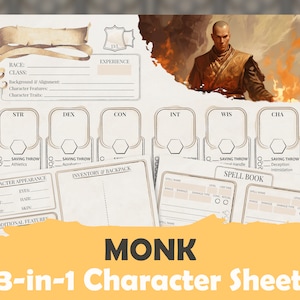 Scheda personaggio DnD 5e Monk: PDF compilabile di alta qualità per Dungeons and Dragons 5a edizione Supplemento per inventario e incantesimi immagine 1