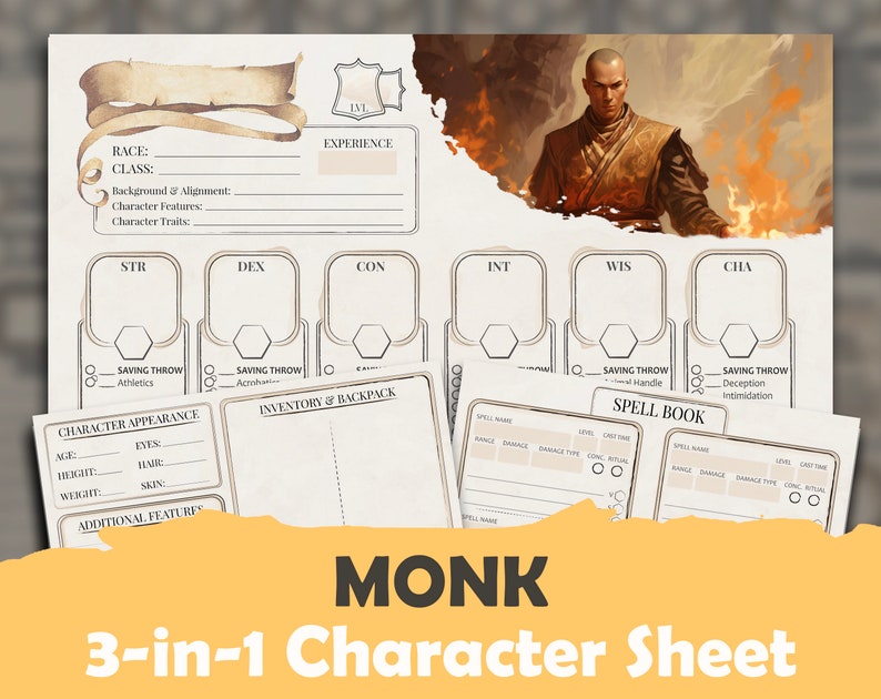 Scheda personaggio DnD 5e Monk: PDF compilabile di alta qualità per Dungeons and Dragons 5a edizione Supplemento per inventario e incantesimi immagine 1