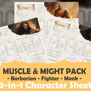 D&D 5e Muscle and Might Pack Character Sheet (Barbarian, Fighter and Monk):  High Quality Fillable PDF for 5th Edition Dungeons and Dragons