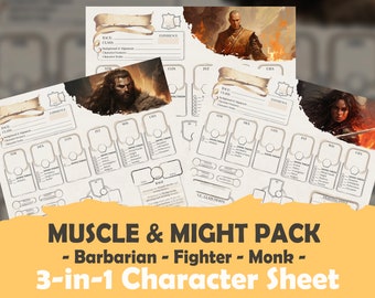 DnD 5e Muscle & Might Pack Character Sheet (Barbarian, Fighter and Monk):  High Quality Fillable PDF for 5th Edition Dungeons and Dragons