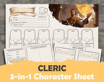 D&D 5e Cleric Character Sheet | High Quality Fillable PDF | Supplement for Inventory and Spells | 5E Compatible