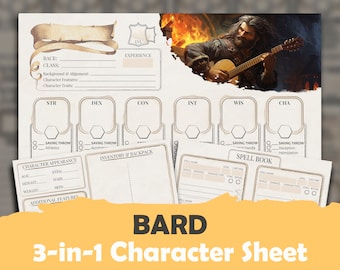 DnD 5e Bard Character Sheet:  High Quality Fillable PDF for 5th edition Dungeons and Dragons + Supplement for Inventory & Spells