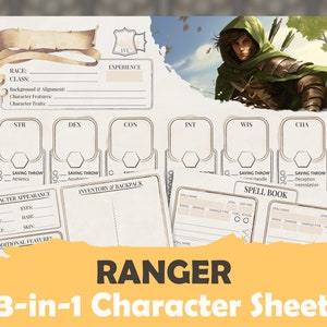 Könnte beinhalten: Ein druckbares Dungeons and Dragons Charakterblatt für einen Charakter der Klasse Ranger. Das Blatt enthält Abschnitte für Charakterwerte, Fähigkeiten, Inventar und Zauberbuch. Das Blatt ist im Vintage-Stil gestaltet und zeigt im Hintergrund eine Zeichnung eines Rangers.