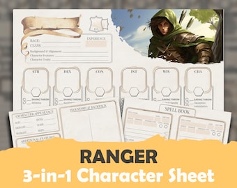 May include: A printable Dungeons and Dragons character sheet for a Ranger class character. The sheet includes sections for character stats, abilities, inventory, and spell book. The sheet is designed with a vintage aesthetic and features a drawing of a ranger in the background.