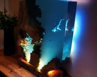 Lampada in resina epossidica Shark Diver, regalo decorativo unico, luce notturna per sub, esplorazione delle profondità marine per immersioni subacquee