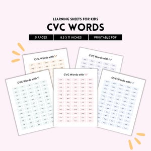 May include: Five printable worksheets for kids to practice CVC words. Each worksheet features a different vowel sound and is organized in a grid format. The worksheets are 8.5 x 11 inches.
