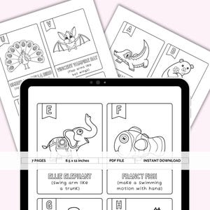 Pu&ograve; includere: Attivit&agrave; alfabetica stampabile in bianco e nero per bambini con illustrazioni di animali e istruzioni per ogni lettera. Le lettere sono U, V, E, F, G e H. Gli animali sono un uccello ombrello, un pipistrello vampiro, un elefante, un pesce, una giraffa e un ippopotamo. Le istruzioni per ogni animale sono di fare un movimento con il tuo corpo che imita l'animale. Ad esempio, le istruzioni per l'elefante sono di dondolare il braccio come una proboscide. Le istruzioni per il pesce sono di fare un movimento di nuoto con la mano. Le istruzioni per la giraffa sono di allungare il collo verso l'alto. Le istruzioni per l'ippopotamo sono di aprire la bocca a grandezza naturale e fare un suono di ippopotamo. La stampabile misura 21,6 cm per 27,9 cm e include 7 pagine.