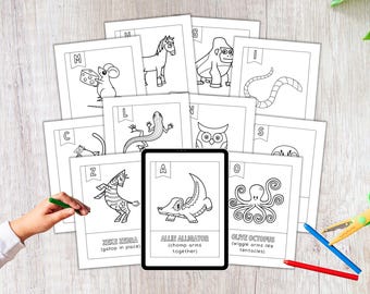 Zoo Phonics, materiale stampabile per l'istruzione parentale, alfabeto artistico, materiale da colorare stampabile, alfabeto per l'asilo nido, decorazioni murali per bambini, materiali Montessori, PDF per la scuola materna