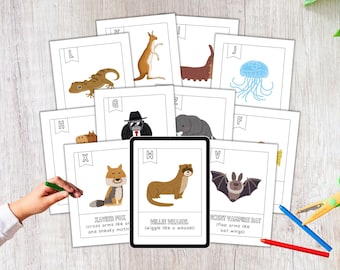 Zoo Phonics, materiale stampabile per l'istruzione parentale, alfabeto artistico, materiale da colorare stampabile, alfabeto per l'asilo nido, decorazioni murali per bambini, materiali Montessori, PDF per la scuola materna