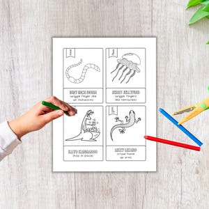 Pu&ograve; includere: Foglio di attivit&agrave; stampabile in bianco e nero con quattro illustrazioni di animali e i loro nomi. Gli animali sono un verme, una medusa, un canguro e una lucertola. Ogni animale ha una lettera e un'attivit&agrave; di movimento associata.