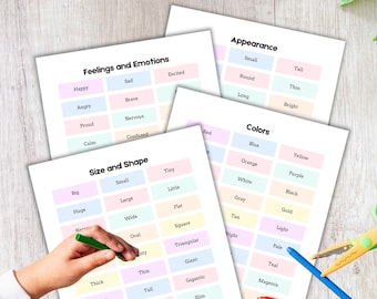 Bijvoeglijke naamwoorden, woordsoorten, woorden beschrijven, bijvoeglijke naamwoordenkaarten, thuisschoolactiviteit, bijvoeglijk naamwoord oefenen, formele bijvoeglijke naamwoorden, poster bijvoeglijk naamwoord