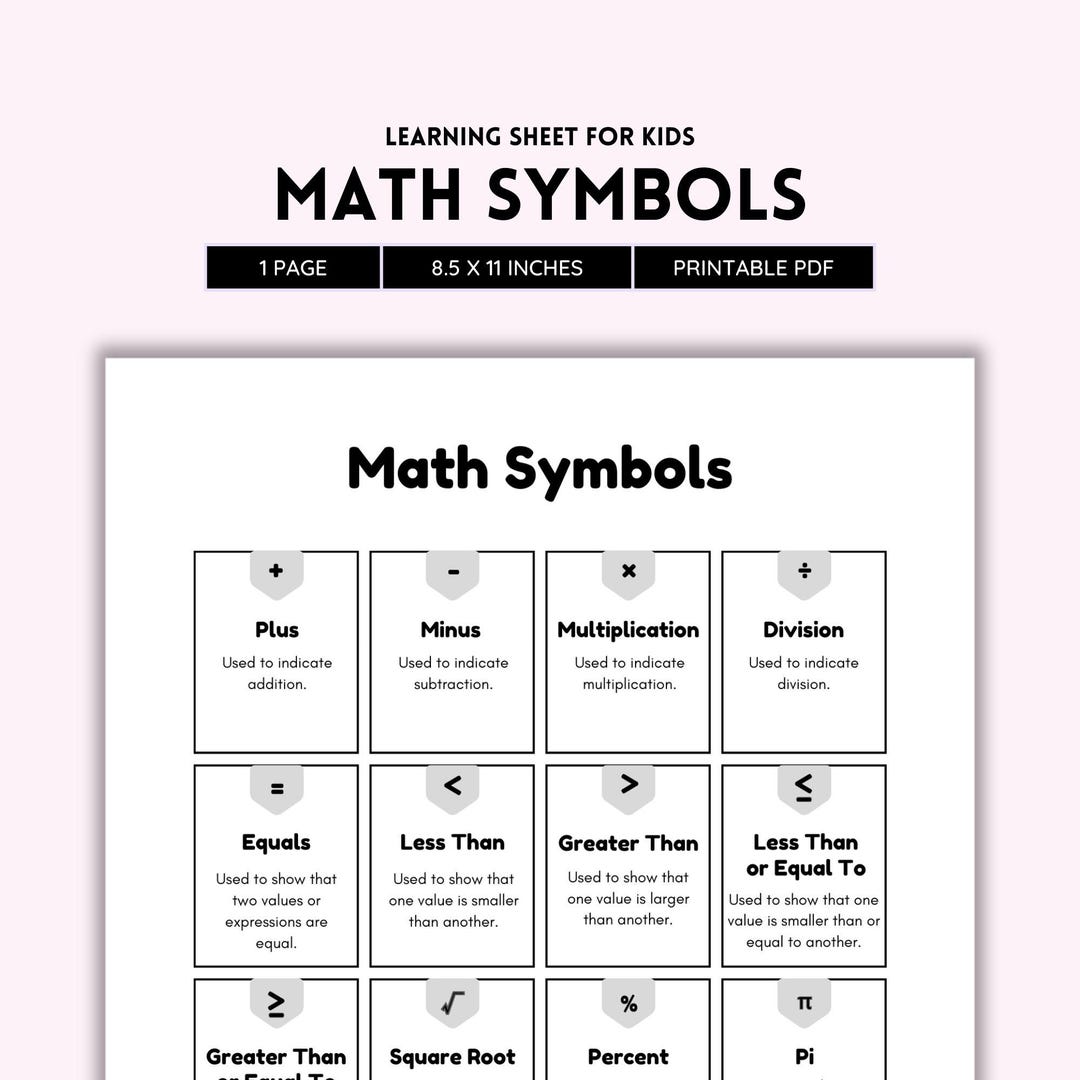 Math Symbols Chart | B&W PDF | Printable Reference Poster | Classroom ...