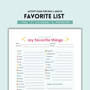 Favoritenliste, Favoritenliste, Wunschliste, Bucket List, Weihnachtswunschliste, Alles über mich, Geschenk Fragebogen, Lehrerumfrage, PDF Datei