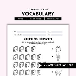 Hoja de trabajo de vocabulario, letras faltantes, vocabulario en inglés, actividad de vocabulario, reconocimiento de letras, hoja de trabajo de educación en el hogar, aprendizaje de letras en formato PDF