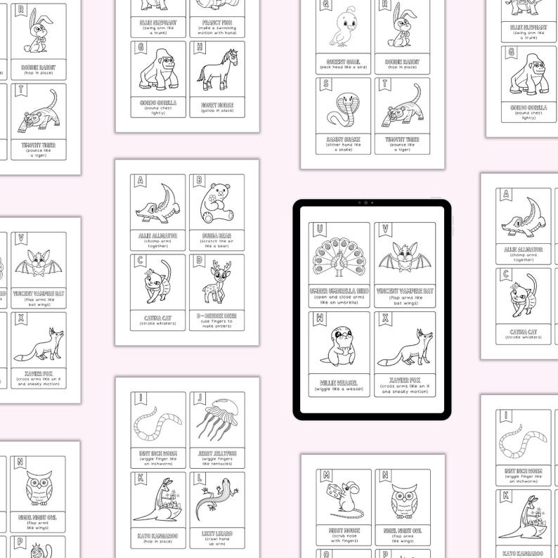 Pu&ograve; includere: Carte di animali dell'alfabeto stampabili in bianco e nero per bambini. Ogni carta presenta un animale diverso con istruzioni su come realizzare l'animale usando le dita. Gli animali includono un coniglio, un pavone, un alligatore, un gatto, un gufo, un pipistrello, una volpe, una medusa, una lucertola e altro ancora.