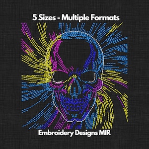 Colourful Skull Embroidery Design - Vibrant Neon Skull Pattern, Modern Embroidery Art, Unique Machine Embroidery Design, PES