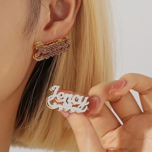 18K Gold Double Plated Script Stud Name Earrings, Two-Color Customized Name Earrings, Personalized 2-Layer Stainless Steel Gifts For Women