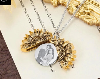 Personalized Sunflower Photo Necklace, Customized Name Engraved Locket Pendants for Women, Stainless Steel Family Jewelry Gift for Her