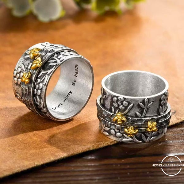 Custom Bee Fidget Spinner Ring, Personalized Sterling Silver 925/Brass Floral Flower Ring, Meditation Spinning Wide Band, Anxiety Worry Ring