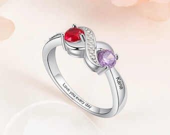 Personalized Silver Infinity Mothers Ring with 2 Round Birthstone, Custom Engraved Couple Name Engagement Promise Rings Gifts for Wife Women