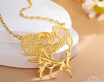 Custom Name Birth Flower Necklace, Personalized Floral Heart Nameplate Pendant, Romantic Thoughtful Bridesmaid Memorial Charm Jewelry Gifts