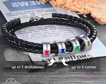 Custom Leather Name Bracelet with Birthstone – Personalized Men Braided Bracelet, Father's Day, Birthday Gift for Him, Dad, Husband, Father