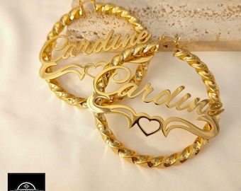 Custom Name Hoop Earrings, Large Twist Hoops for Women, Personalized Gold Earring, Statement Earring, Unique Jewelry Gift for Her, Mom, Wife