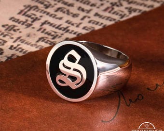 Custom Silver Initial Signet Ring, Personalized Monogram Round Rectangle Octagon Oval Shaped Unisex Ring, Gifts for Men/Dad/Husband/Family