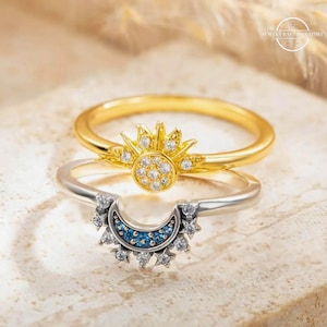 Custom Sun & Moon Couple Ring, Celestial Blue Golden Sparkling Birthstone Promise Ring, Jewelry Gifts for Women/Wife/Newlyweds/Mother/Couple