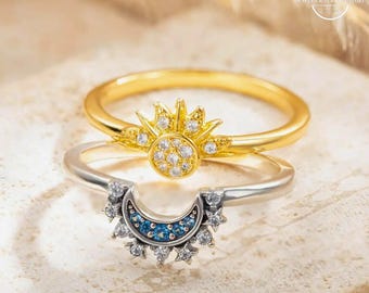 Custom Sun & Moon Couple Ring, Celestial Blue Golden Sparkling Birthstone Promise Ring, Jewelry Gifts for Women/Wife/Newlyweds/Mother/Couple