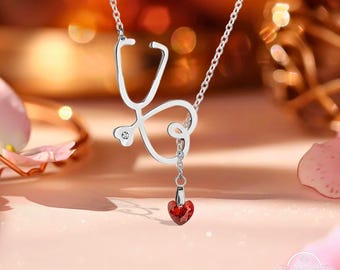 Custom Stethoscope Heart Necklace, Personalize Birthstone Lariat Nurse Doctor Pendant, Dainty Medical Love Appreciation Graduation Charm